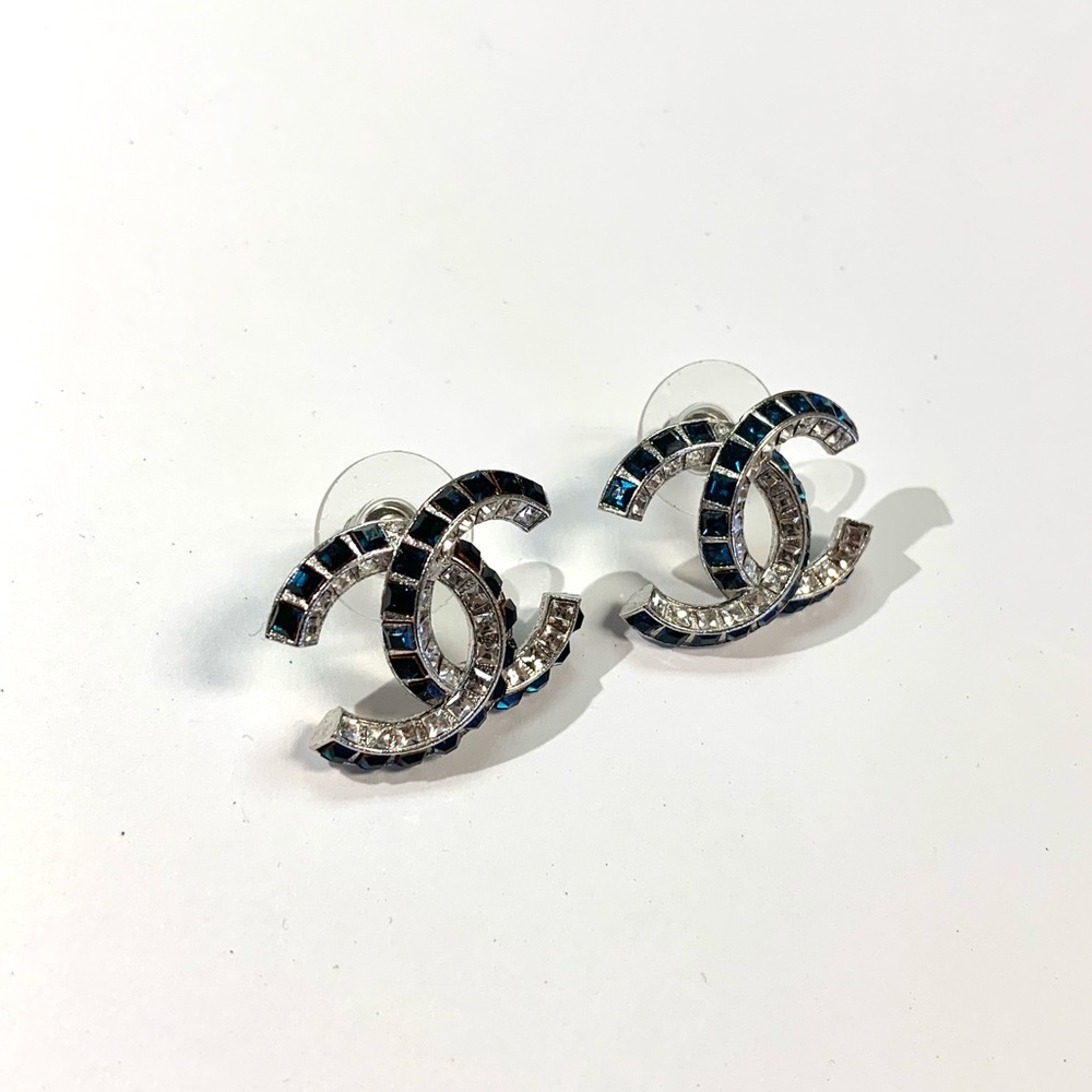 Chanel Authentic Blue Sapphire Crystal CC Pierced